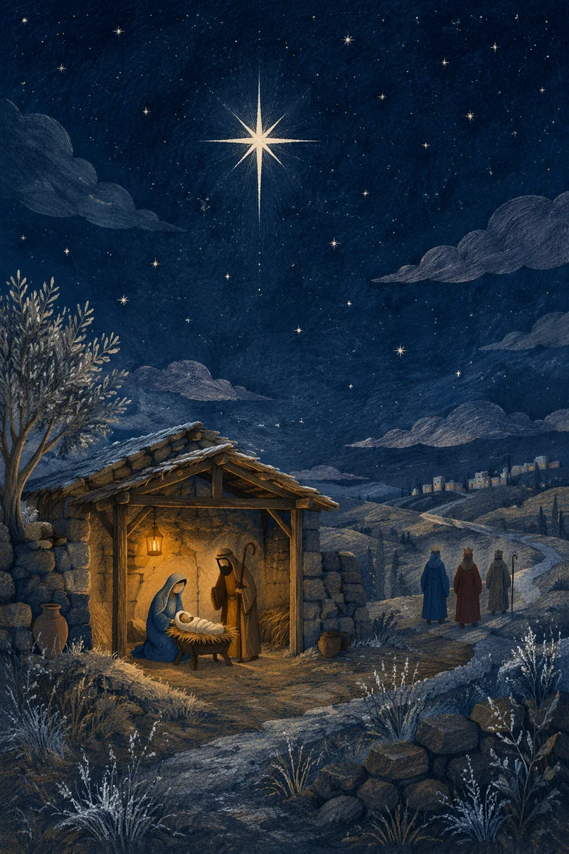 Star of Bethlehem Over Quiet Christmas Hillside