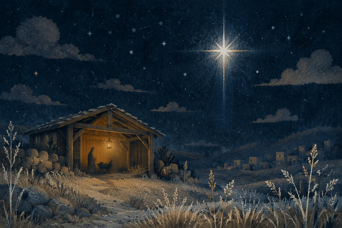 Bethlehem Star Over Frosty Rural Shelter