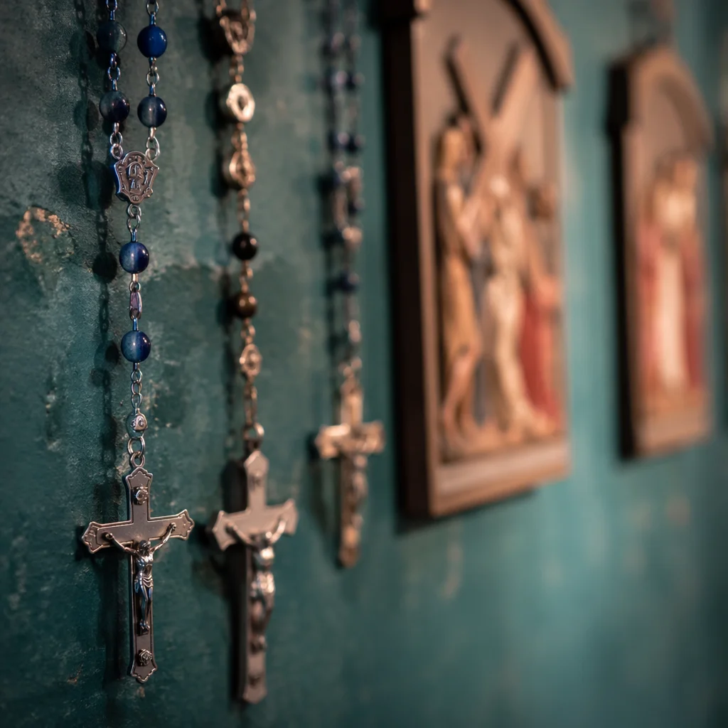 Lenten Prayer Beads Beside Church Wall Art