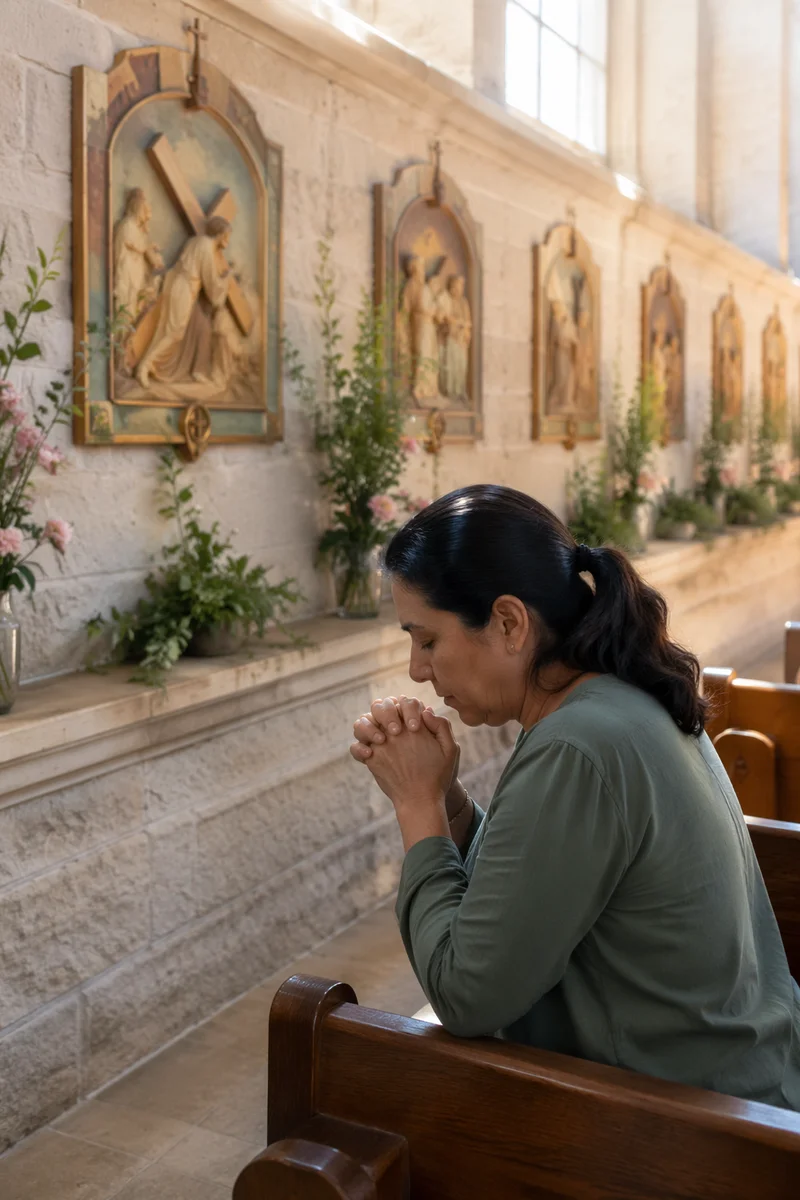 Woman Praying in Church Interior
