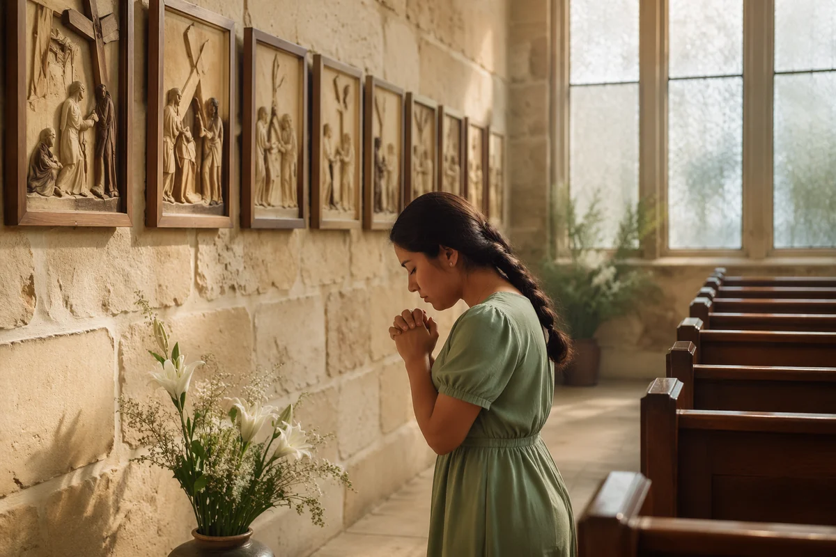 Woman Praying Beneath Framed Church Reliefs