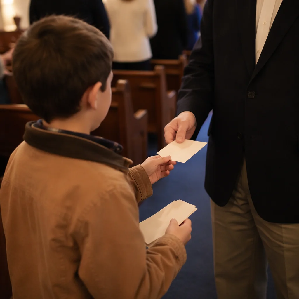 Child Receiving Paper Card in Worship Hall