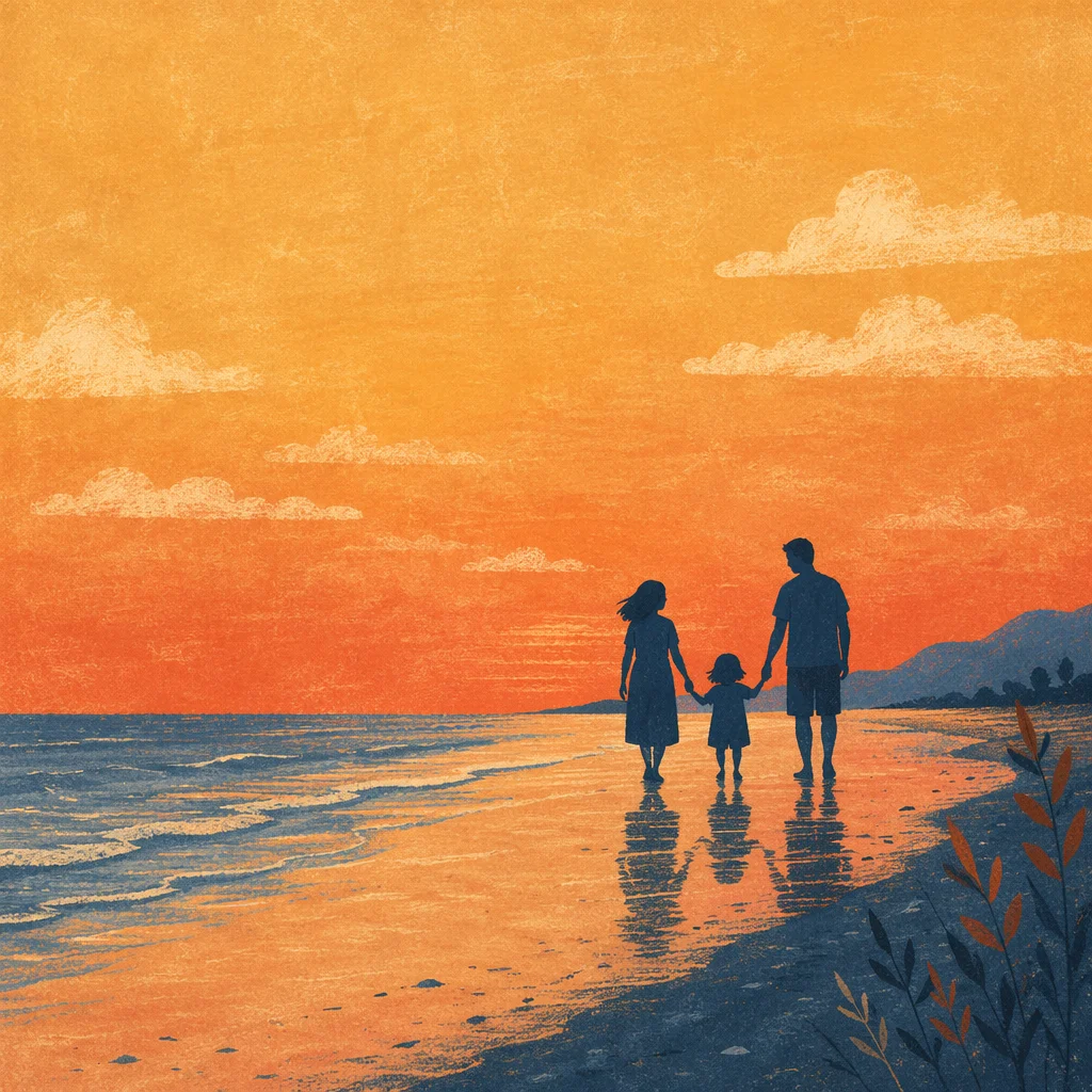 Summer Beach Sunset Family Silhouette Walk