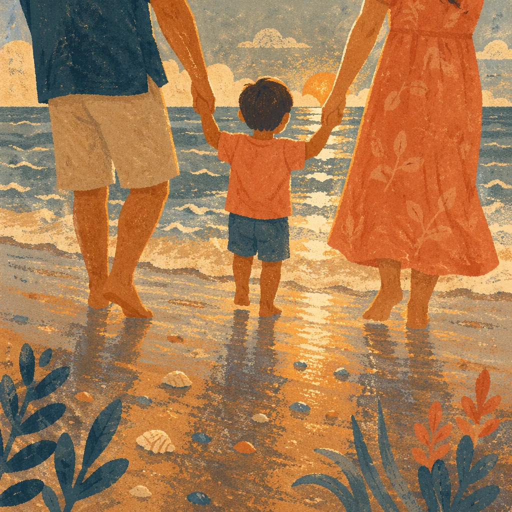 Summer Beach Sunset Family Silhouette Walk