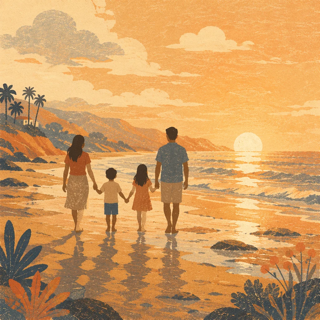 Summer Beach Sunset Family Silhouette Walk