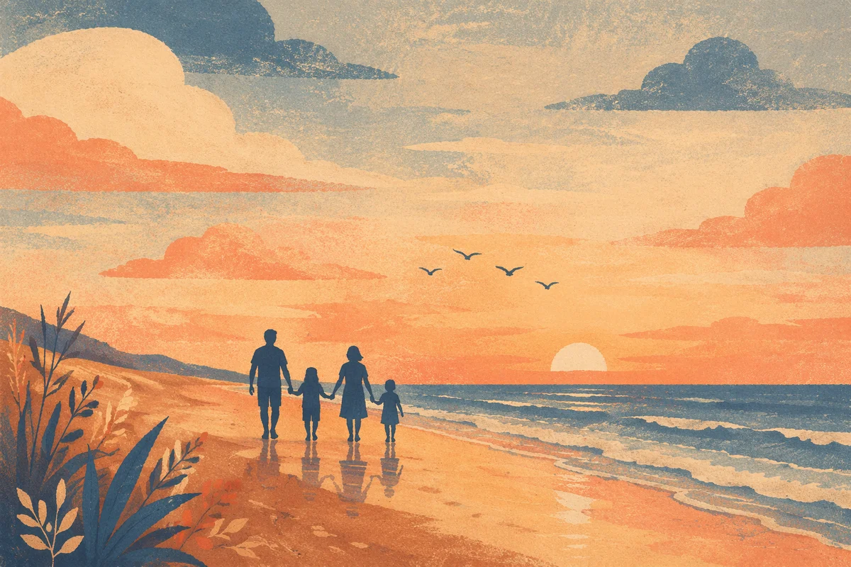Summer Beach Sunset Family Silhouette Walk