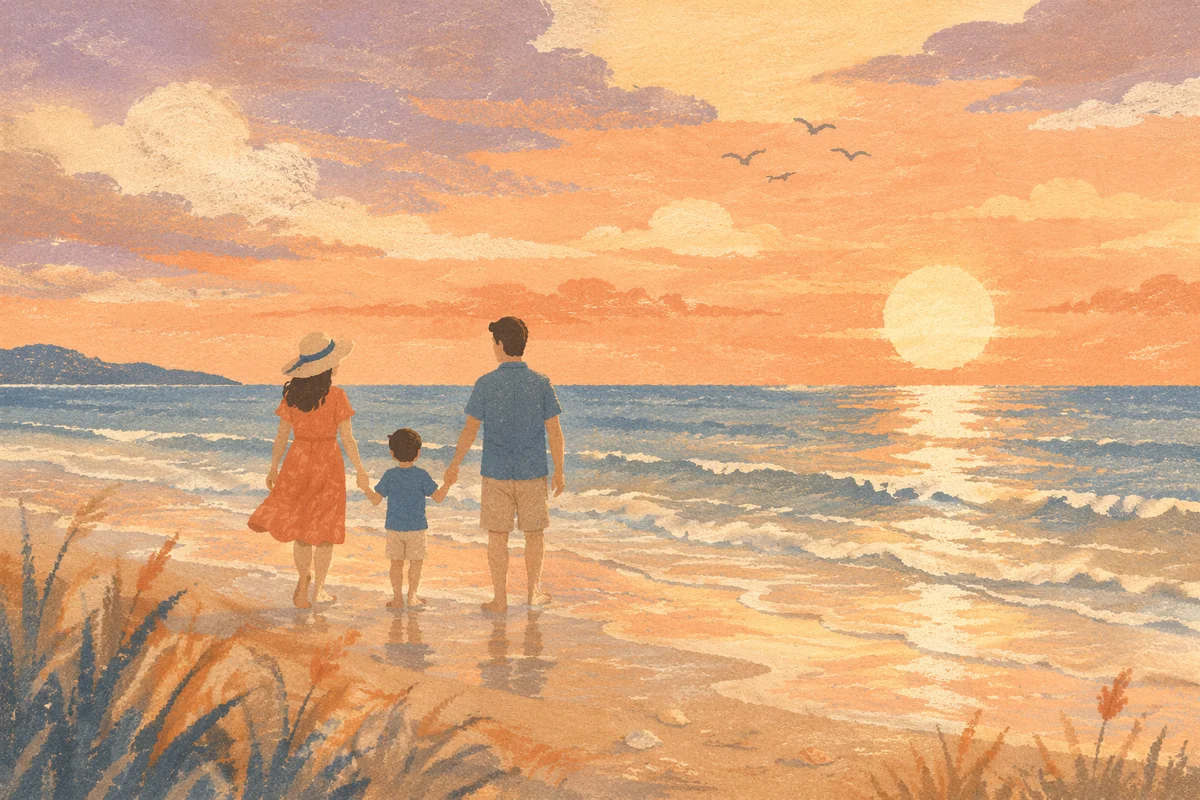 Summer Beach Sunset Family Silhouette Walk
