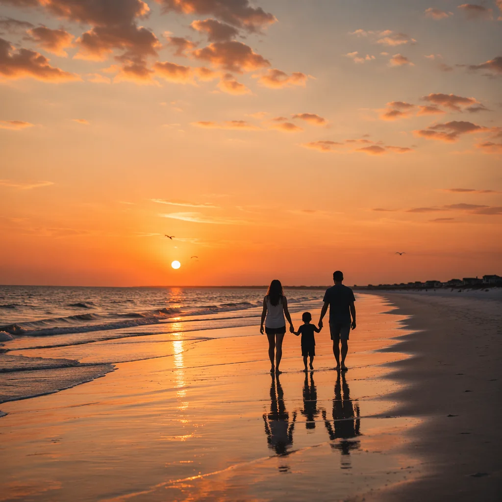 Family Silhouettes Walking on Summer Beach Sunset