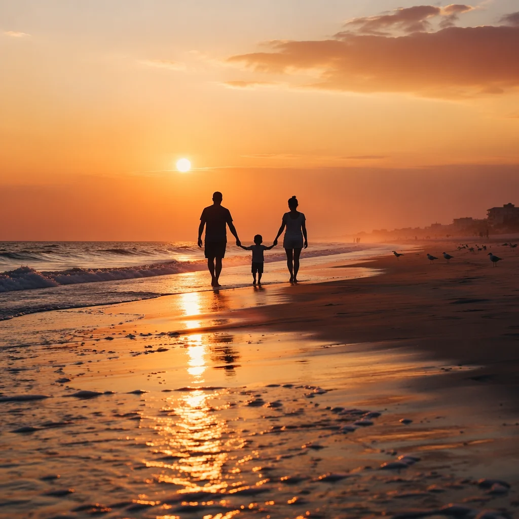Family Walking at Summer Beach Sunset