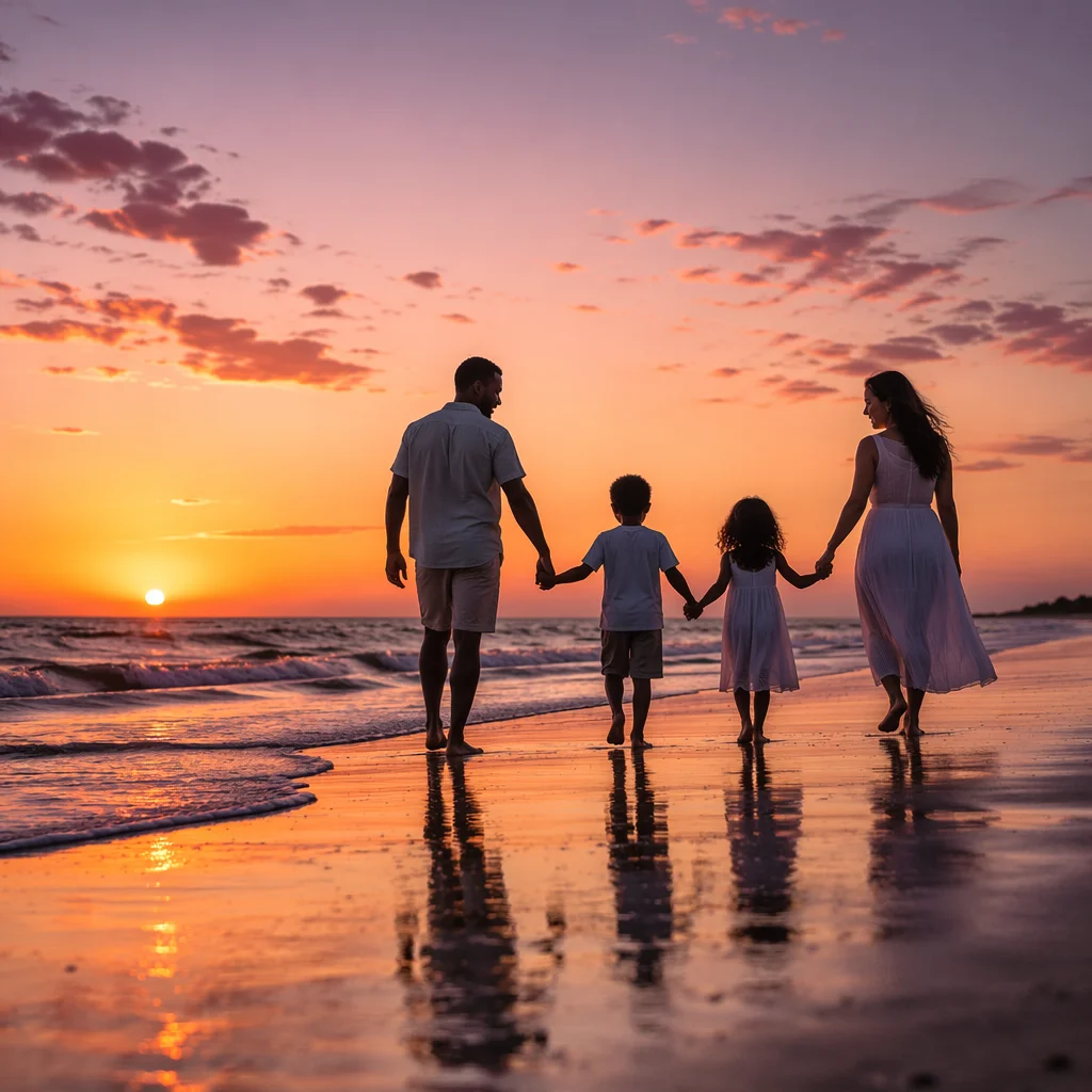 Family Silhouettes Walking on Beach at Sunset