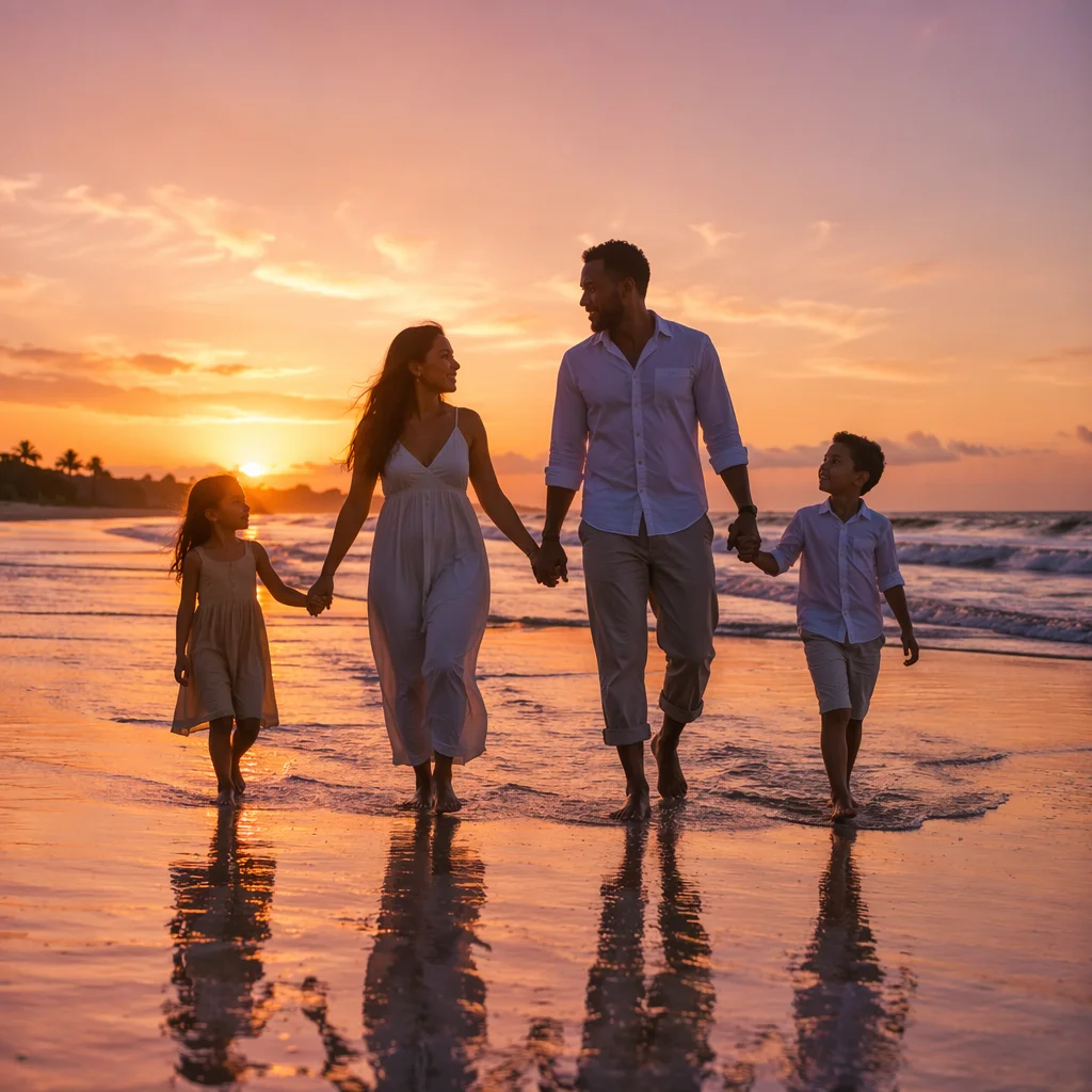 Family Silhouettes Walking on Beach at Sunset