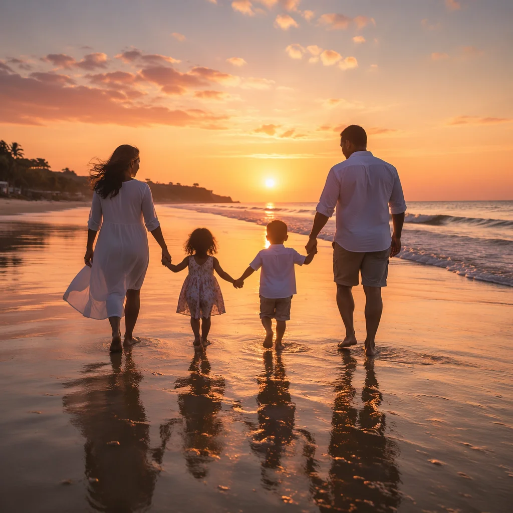 Family Silhouettes Walking on Sunset Beach