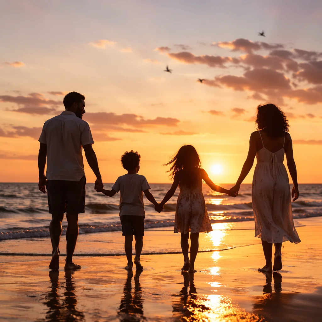 Family Silhouettes Walking on Summer Beach