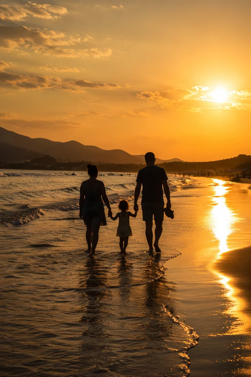Family Silhouettes Walking at Summer Beach Sunset