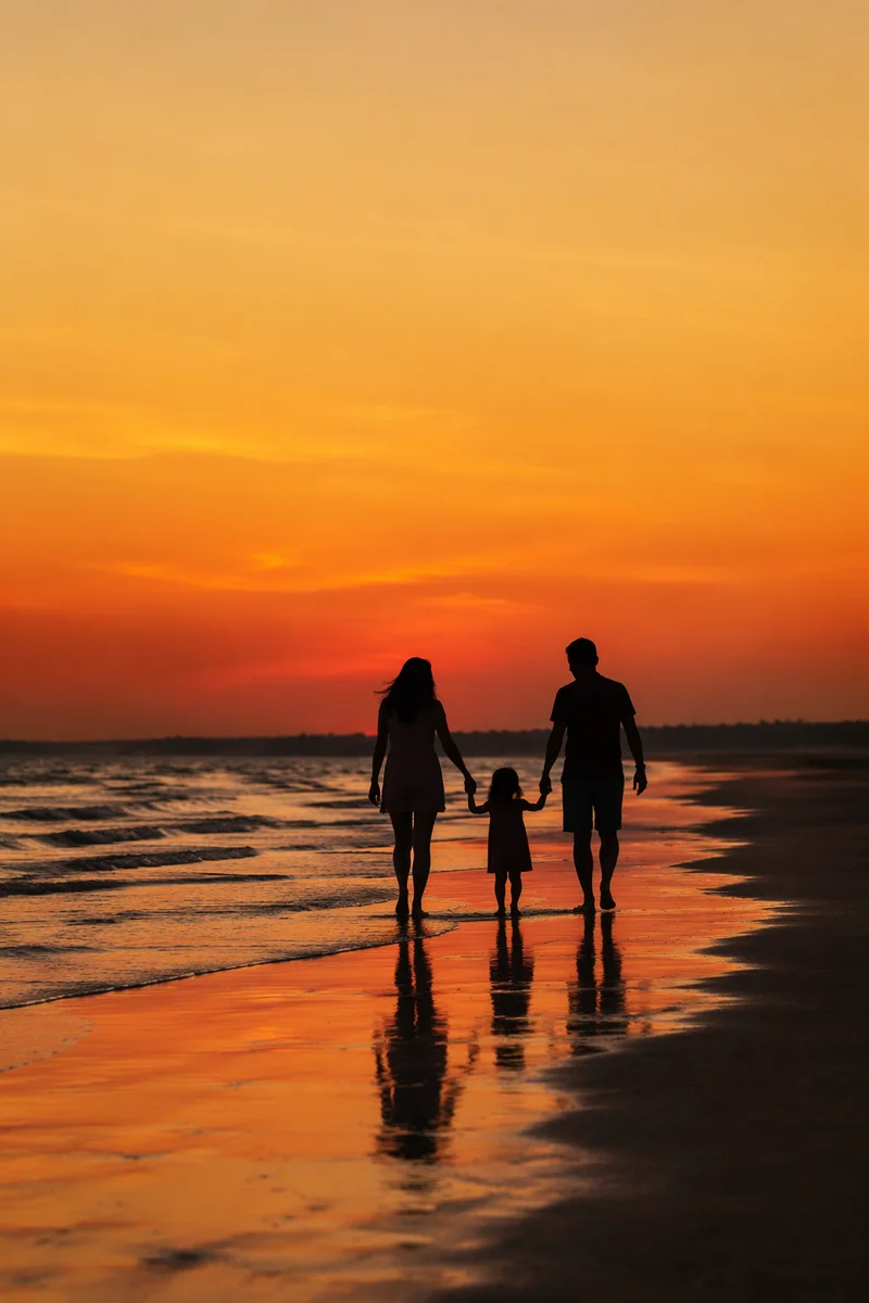 Family Silhouette Walking at Summer Sunset