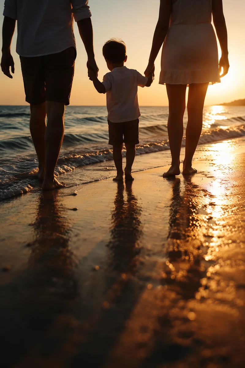 Summer Beach Sunset Family Silhouette Walk