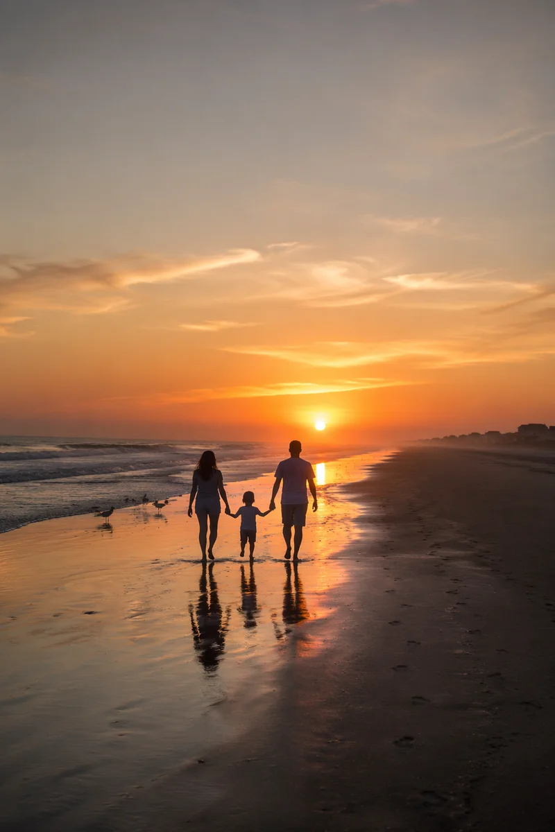 Family Silhouettes Walking at Summer Beach Sunset