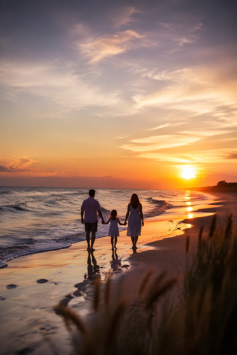 Summer Beach Sunset Family Silhouette Walk