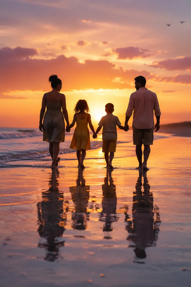 Family Silhouettes Walking on Beach at Sunset