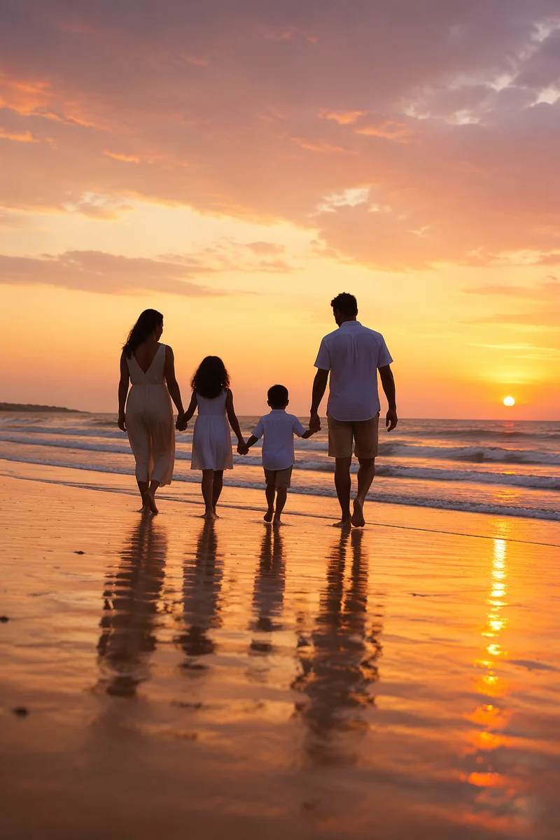 Family Silhouettes Walking on Beach at Sunset