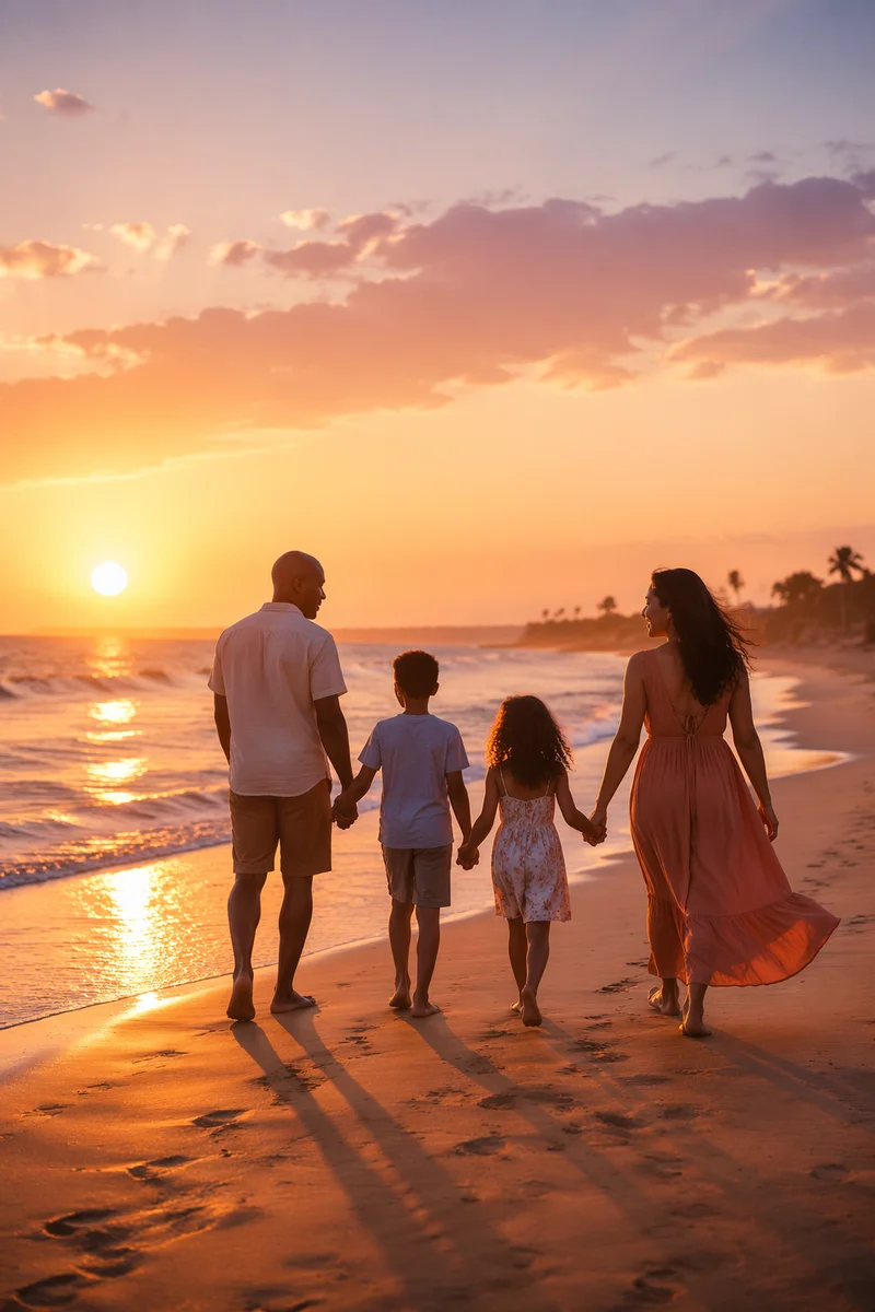 Family Silhouettes Walking on Beach Sunset