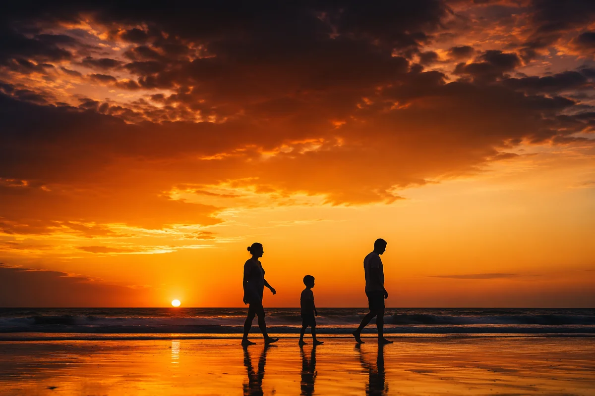Family Silhouettes Walking at Summer Beach Sunset