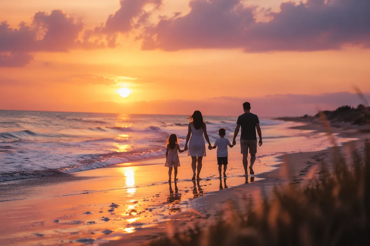 Summer Beach Sunset Family Silhouette Walk