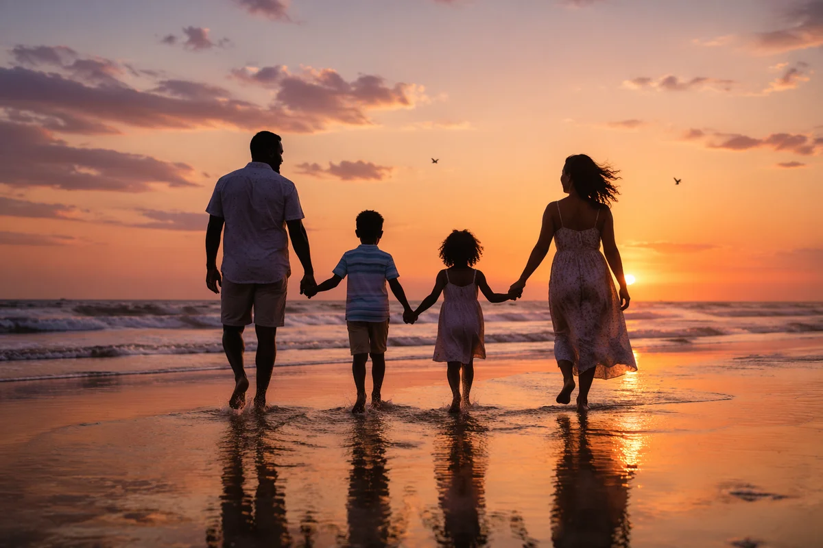 Family Silhouettes Walking on Beach at Sunset