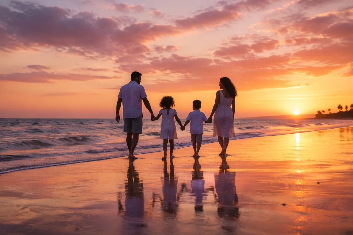 Family Silhouettes Walking on Beach at Sunset