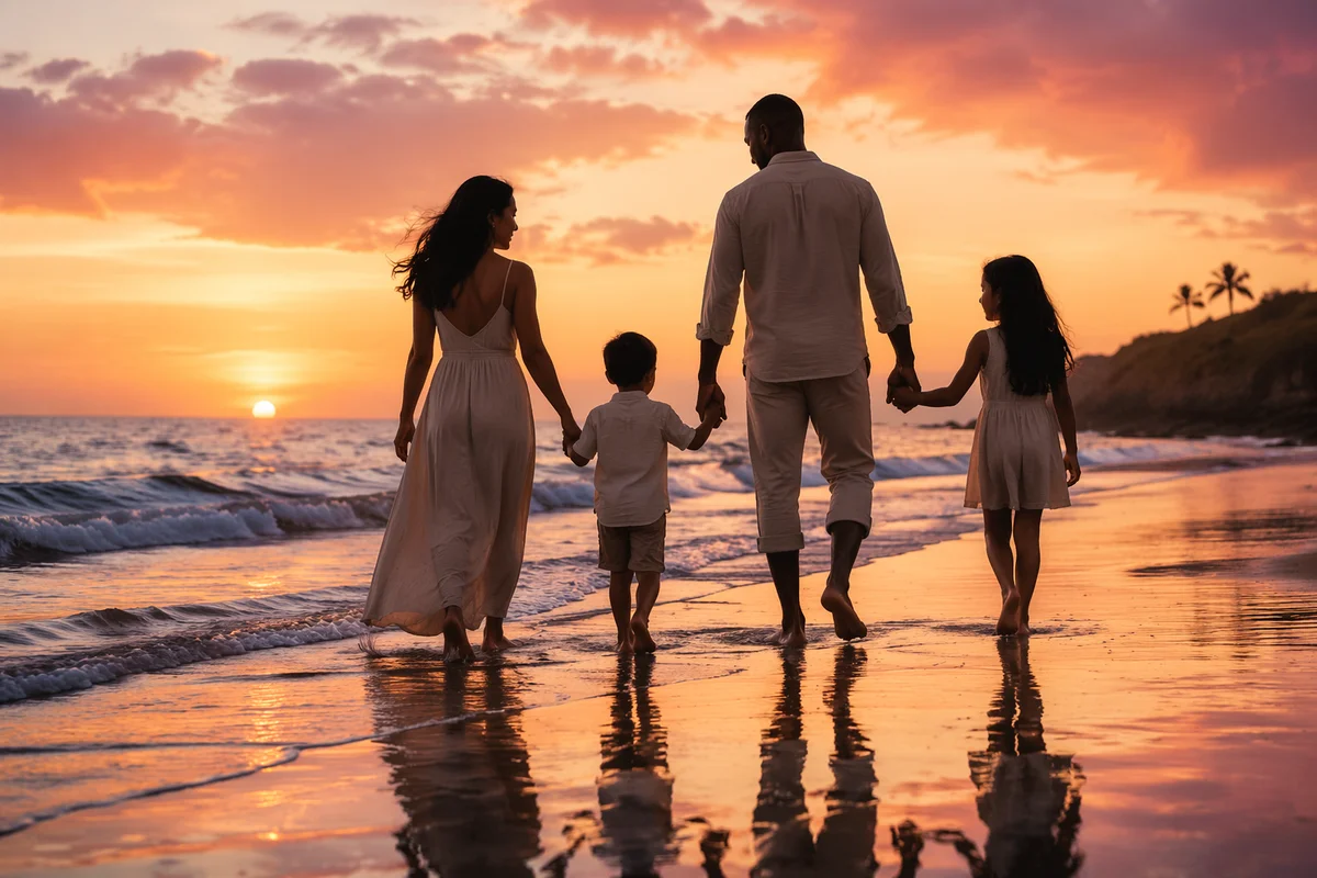 Family Silhouettes Walking on Beach at Sunset