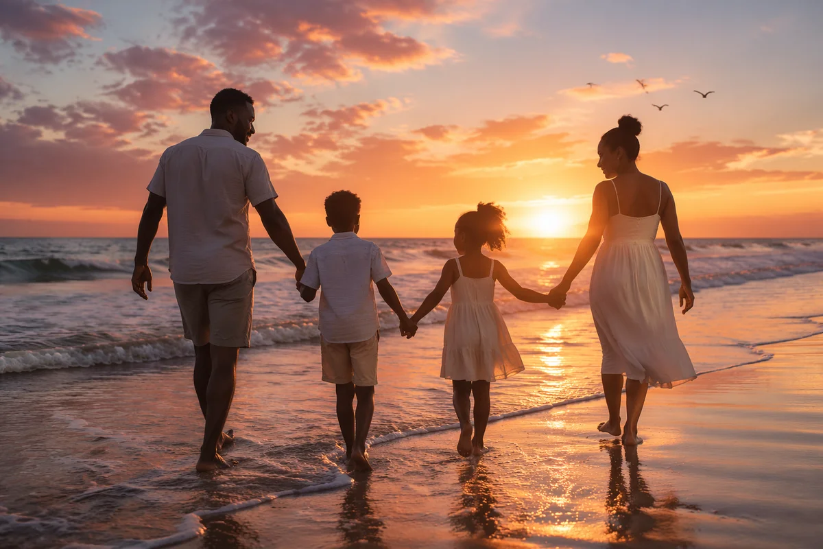 Family Silhouettes Walking on Summer Beach