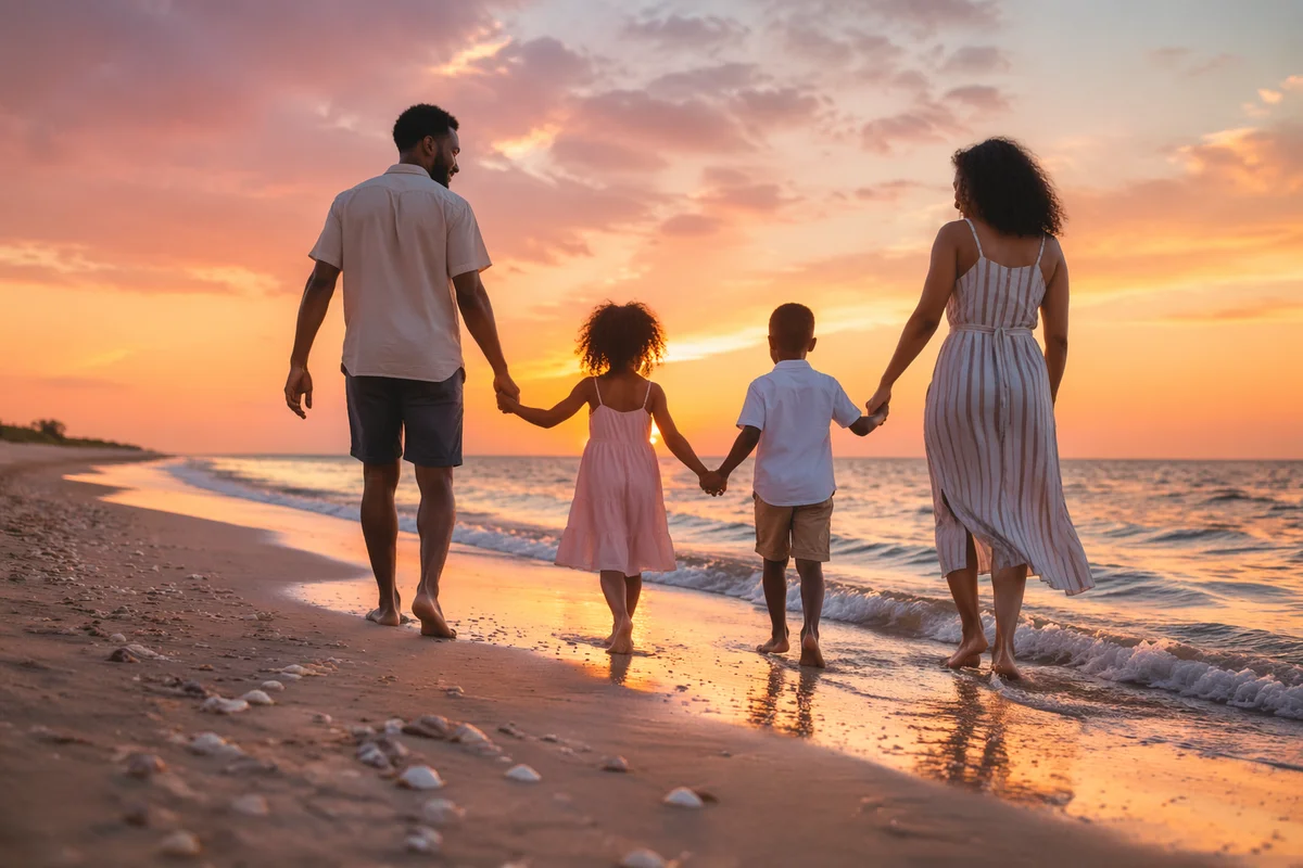 Family Walking on Beach at Sunset