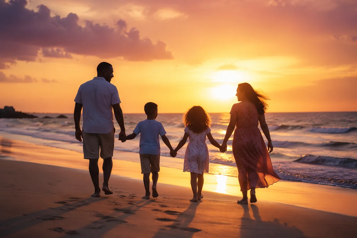 Silhouette Family Walking on Summer Beach