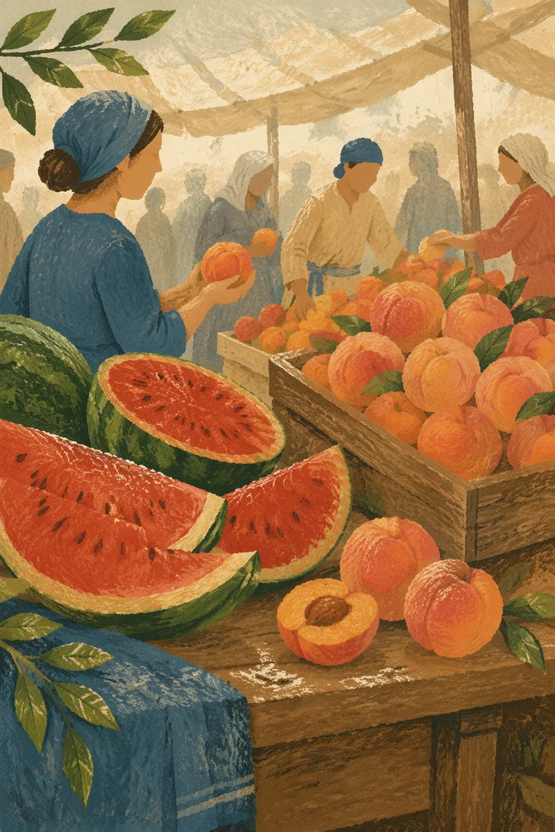 Summer Farmers Market Watermelons and Peaches