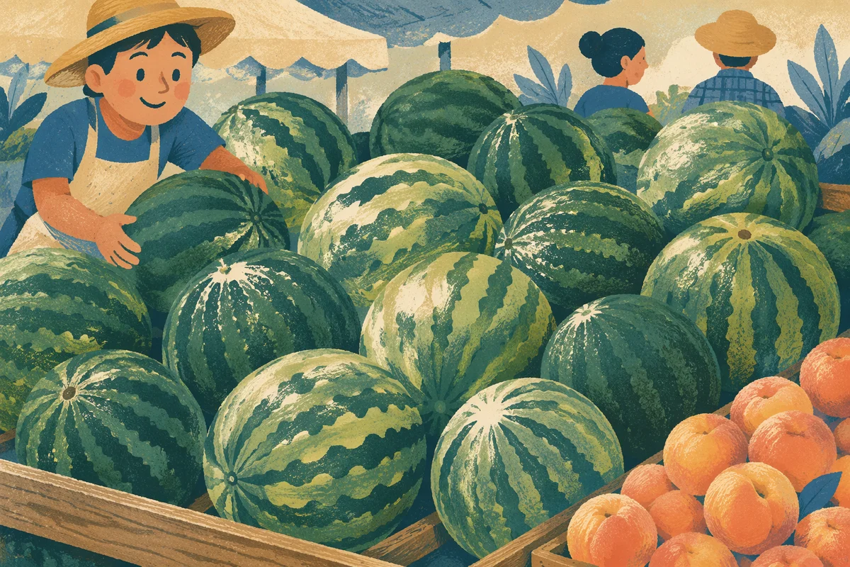 Summer Farmers Market Watermelons and Peaches