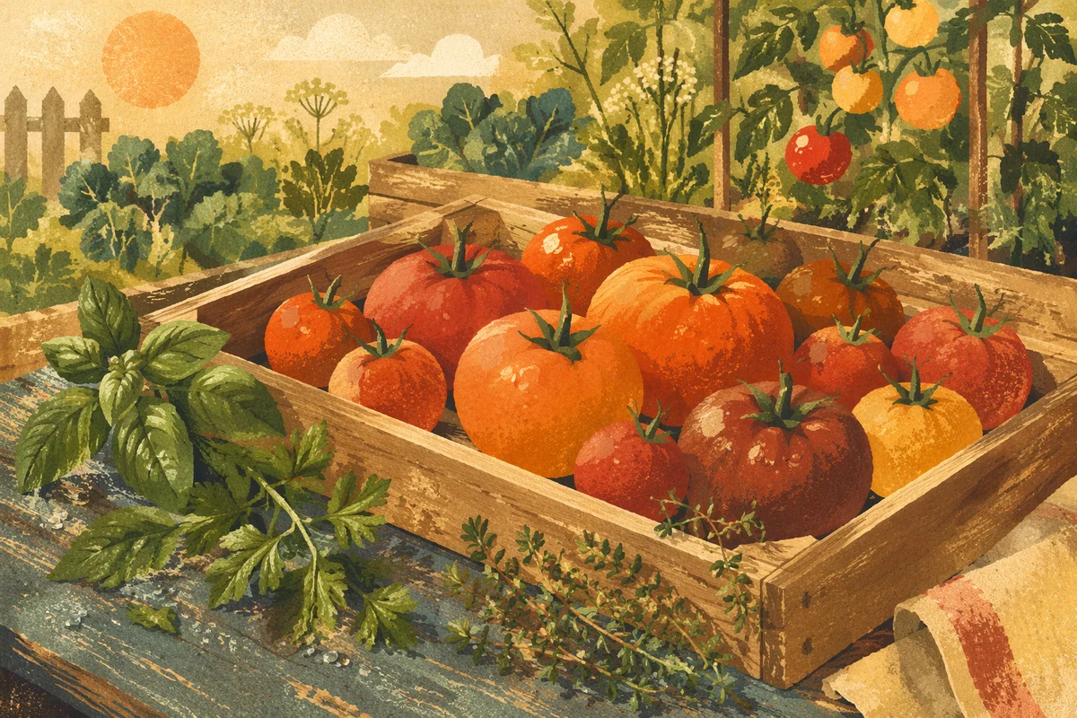 Sunlit Summer Tomatoes and Garden Herbs