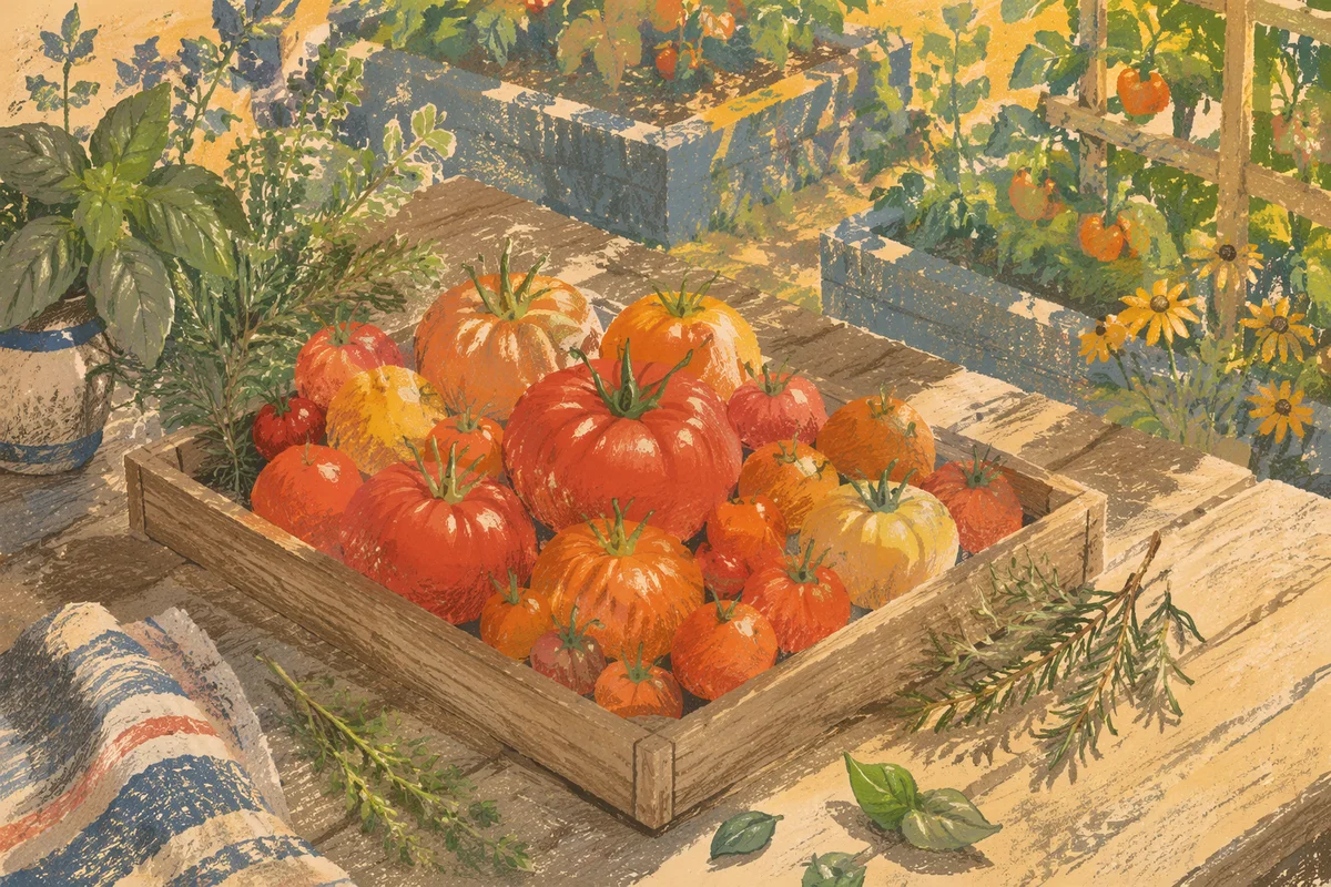 Sunlit Summer Tomatoes and Garden Herbs