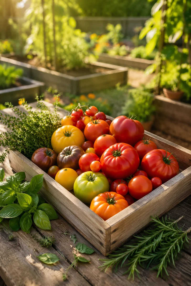 Sunlit Summer Tomatoes and Garden Herbs