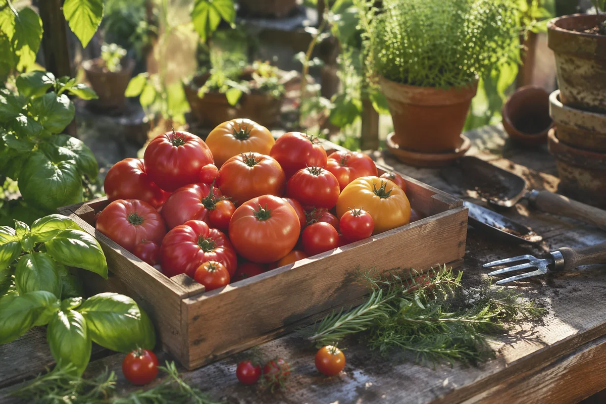 Sunlit Summer Garden Tomatoes and Herbs