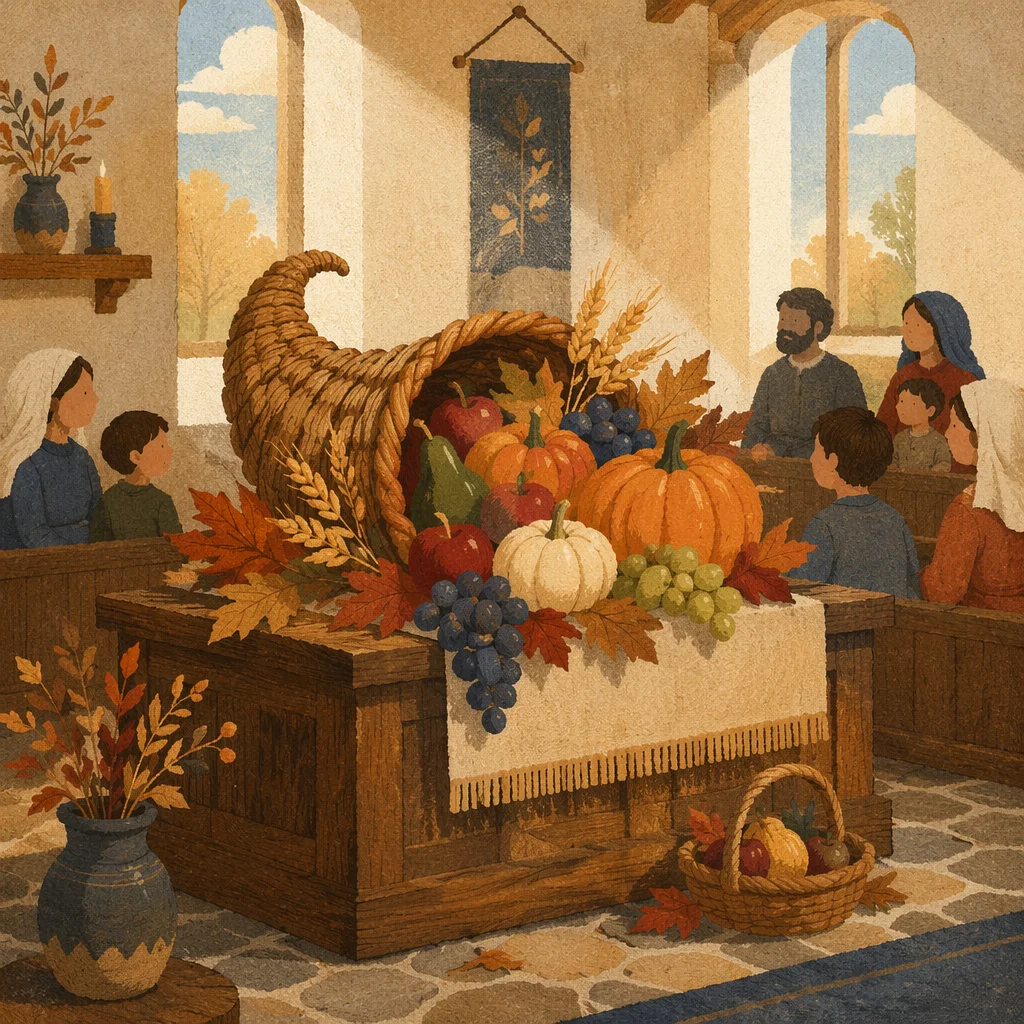 Thanksgiving Cornucopia on Rustic Chapel Altar