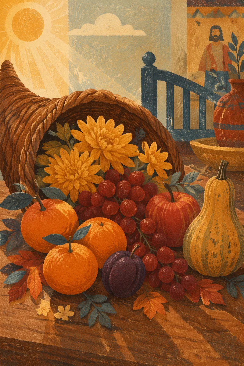 Thanksgiving Cornucopia on Wooden Altar