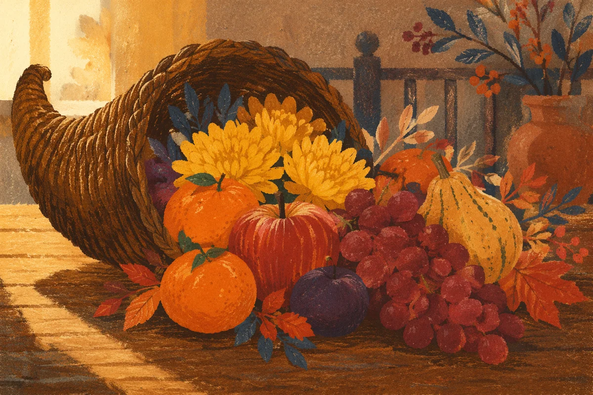 Thanksgiving Cornucopia Harvest on Wooden Altar