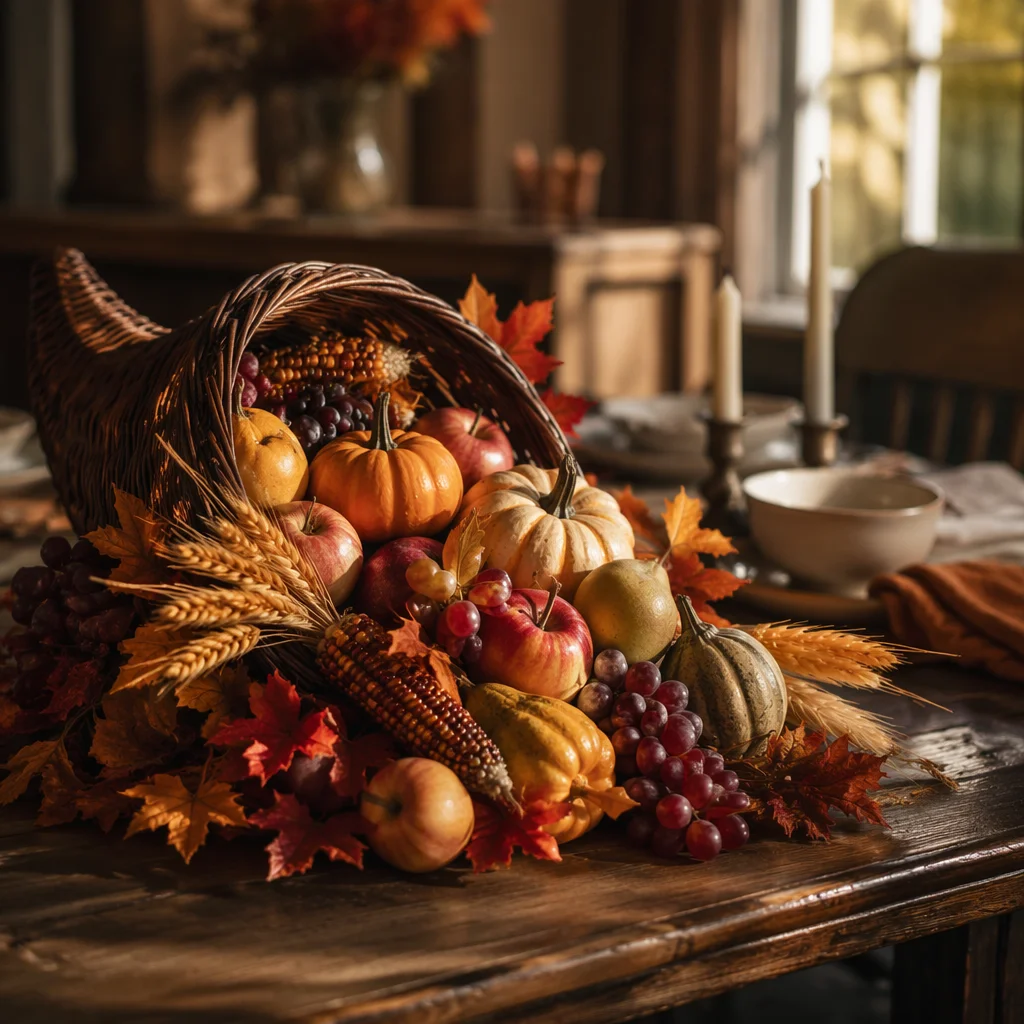 Thanksgiving Cornucopia on Rustic Harvest Altar