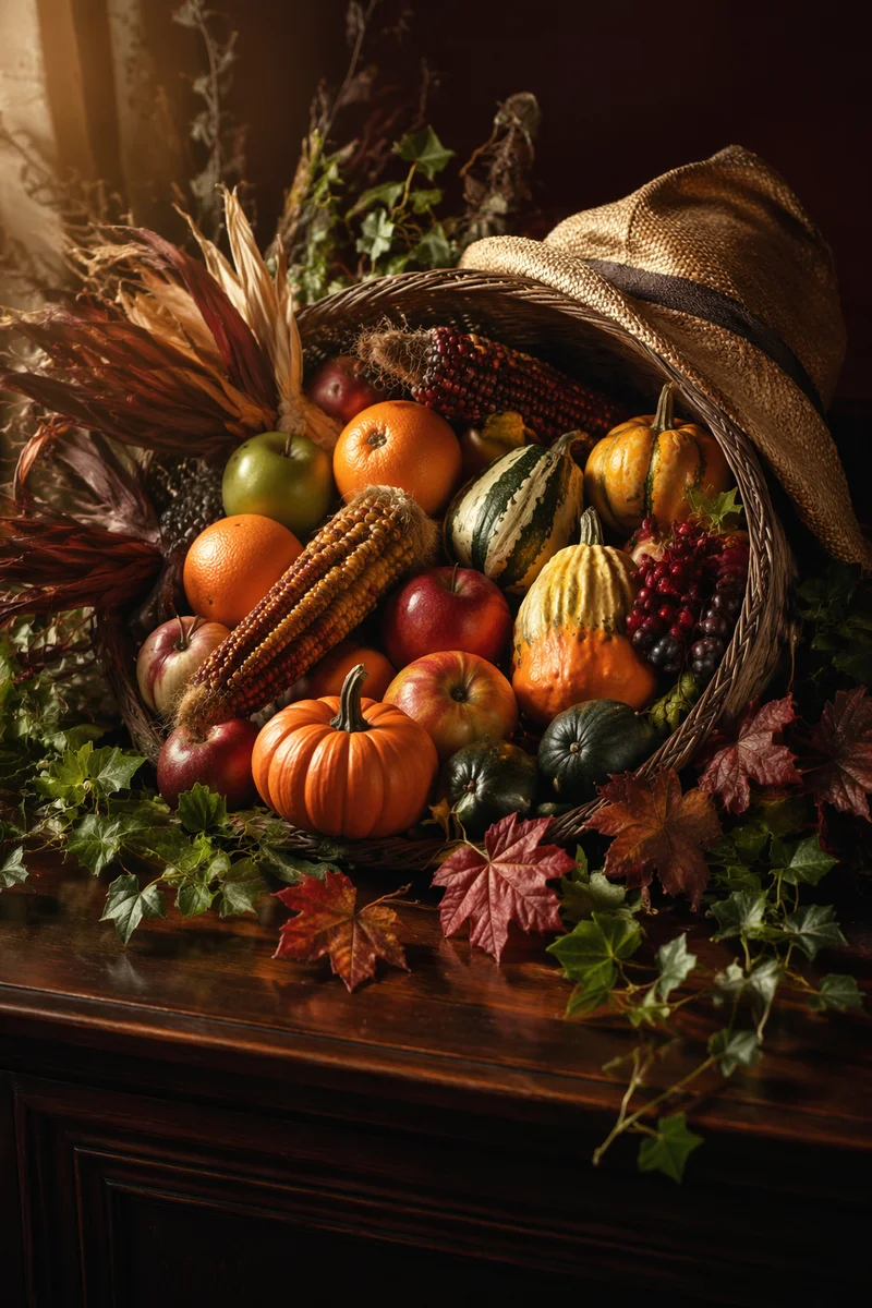 Thanksgiving Cornucopia on Rustic Altar Table