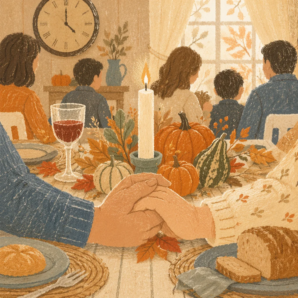 Thanksgiving Family Prayer at Rustic Dinner Table