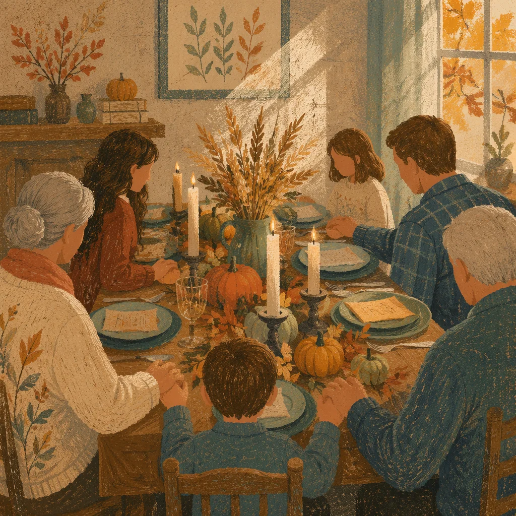 Thanksgiving Family Prayer Around Rustic Table