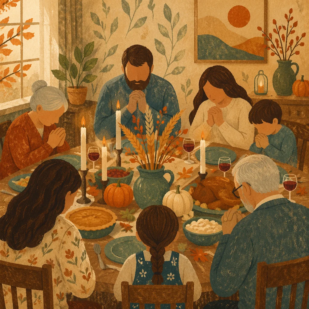 Thanksgiving Family Prayer Around Rustic Dinner Table