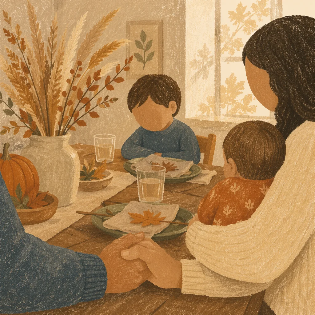 Thanksgiving Family Prayer Around Wooden Table