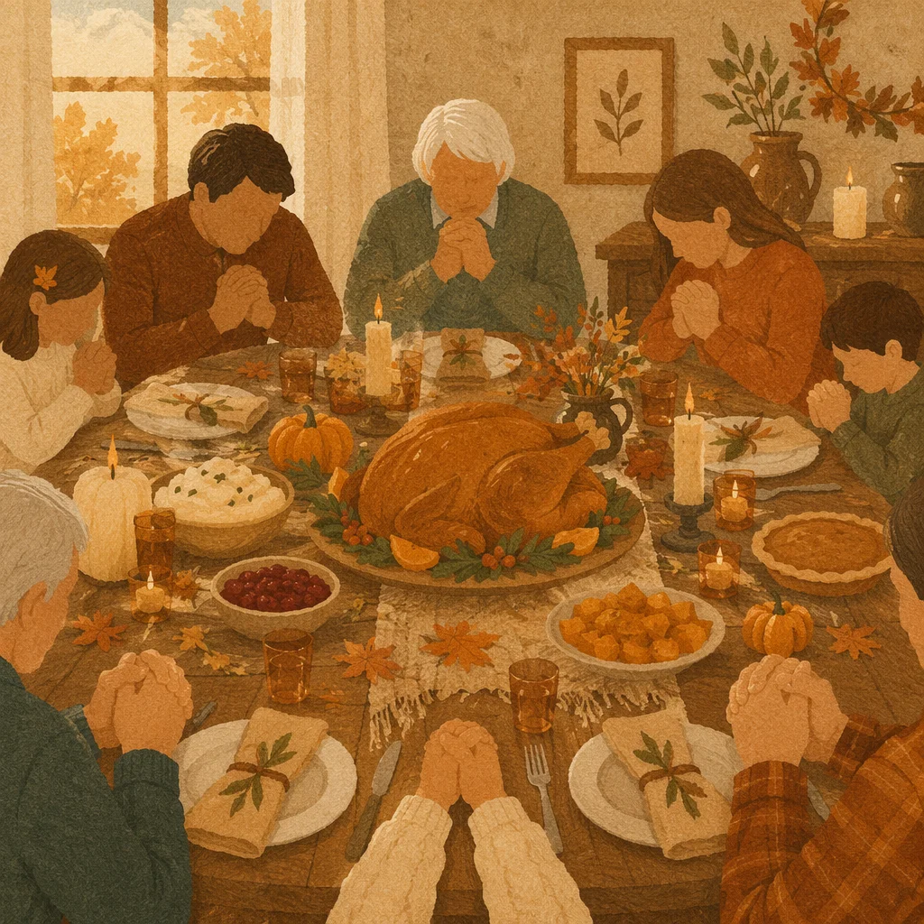 Thanksgiving Family Prayer Around Rustic Dinner Table