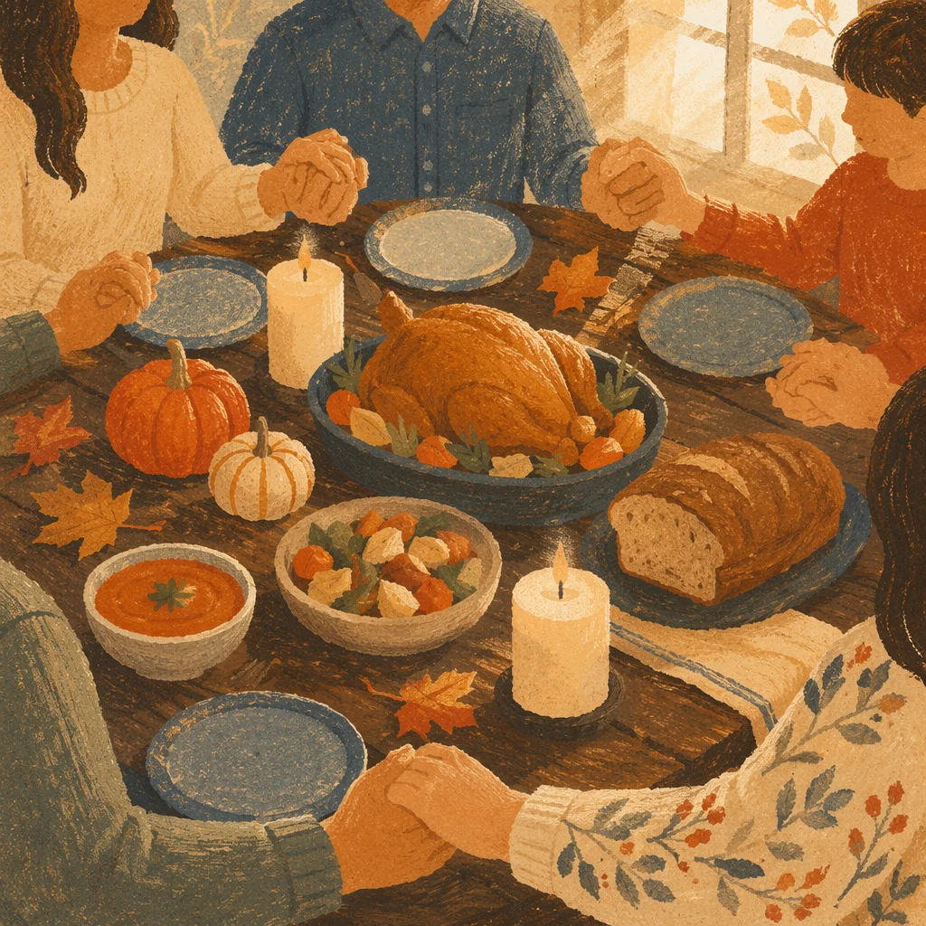Thanksgiving Family Prayer Around Rustic Dinner Table